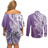 Hawaii Puakenikeni And Maile Lei Couples Matching Off Shoulder Short Dress and Long Sleeve Button Shirt Violet Polynesian Shark Tattoo DT05