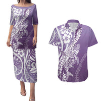 Hawaii Puakenikeni And Maile Lei Couples Matching Puletasi and Hawaiian Shirt Violet Polynesian Shark Tattoo DT05 Violet - Polynesian Pride