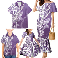 Hawaii Puakenikeni And Maile Lei Family Matching Mermaid Dress and Hawaiian Shirt Violet Polynesian Shark Tattoo DT05 - Polynesian Pride