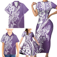 Hawaii Puakenikeni And Maile Lei Family Matching Short Sleeve Bodycon Dress and Hawaiian Shirt Violet Polynesian Shark Tattoo DT05