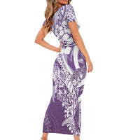 Hawaii Puakenikeni And Maile Lei Short Sleeve Bodycon Dress Violet Polynesian Shark Tattoo DT05 - Polynesian Pride