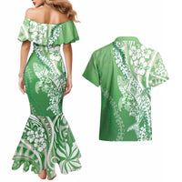 Hawaii Puakenikeni And Maile Lei Couples Matching Mermaid Dress and Hawaiian Shirt Green Polynesian Shark Tattoo DT05