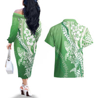 Hawaii Puakenikeni And Maile Lei Couples Matching Off The Shoulder Long Sleeve Dress and Hawaiian Shirt Green Polynesian Shark Tattoo DT05
