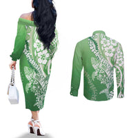Hawaii Puakenikeni And Maile Lei Couples Matching Off The Shoulder Long Sleeve Dress and Long Sleeve Button Shirt Green Polynesian Shark Tattoo DT05
