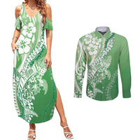 Hawaii Puakenikeni And Maile Lei Couples Matching Summer Maxi Dress and Long Sleeve Button Shirt Green Polynesian Shark Tattoo DT05