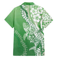 Hawaii Puakenikeni And Maile Lei Family Matching Off Shoulder Short Dress and Hawaiian Shirt Green Polynesian Shark Tattoo DT05