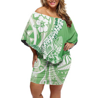 Hawaii Puakenikeni And Maile Lei Family Matching Off Shoulder Short Dress and Hawaiian Shirt Green Polynesian Shark Tattoo DT05