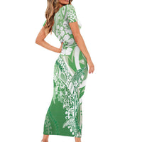 Hawaii Puakenikeni And Maile Lei Family Matching Short Sleeve Bodycon Dress and Hawaiian Shirt Green Polynesian Shark Tattoo DT05