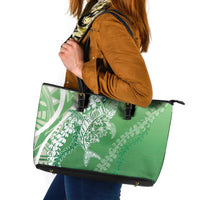 Hawaii Puakenikeni And Maile Lei Leather Tote Bag Green Polynesian Shark Tattoo DT05