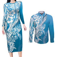 Hawaii Puakenikeni And Maile Lei Couples Matching Long Sleeve Bodycon Dress and Long Sleeve Button Shirt Blue Polynesian Shark Tattoo DT05