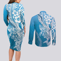 Hawaii Puakenikeni And Maile Lei Couples Matching Long Sleeve Bodycon Dress and Long Sleeve Button Shirt Blue Polynesian Shark Tattoo DT05