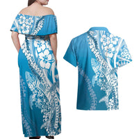 Hawaii Puakenikeni And Maile Lei Couples Matching Off Shoulder Maxi Dress and Hawaiian Shirt Blue Polynesian Shark Tattoo DT05