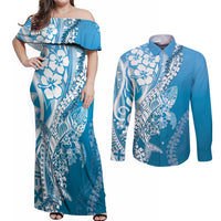 Hawaii Puakenikeni And Maile Lei Couples Matching Off Shoulder Maxi Dress and Long Sleeve Button Shirt Blue Polynesian Shark Tattoo DT05