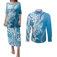 Hawaii Puakenikeni And Maile Lei Couples Matching Puletasi and Long Sleeve Button Shirt Blue Polynesian Shark Tattoo DT05 Blue - Polynesian Pride