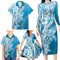 Hawaii Puakenikeni And Maile Lei Family Matching Long Sleeve Bodycon Dress and Hawaiian Shirt Blue Polynesian Shark Tattoo DT05