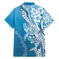 Hawaii Puakenikeni And Maile Lei Family Matching Off Shoulder Short Dress and Hawaiian Shirt Blue Polynesian Shark Tattoo DT05