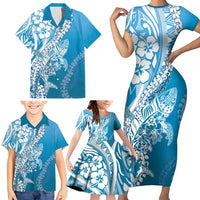 Hawaii Puakenikeni And Maile Lei Family Matching Short Sleeve Bodycon Dress and Hawaiian Shirt Blue Polynesian Shark Tattoo DT05