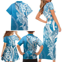 Hawaii Puakenikeni And Maile Lei Family Matching Short Sleeve Bodycon Dress and Hawaiian Shirt Blue Polynesian Shark Tattoo DT05