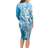 Hawaii Puakenikeni And Maile Lei Long Sleeve Bodycon Dress Blue Polynesian Shark Tattoo DT05 - Polynesian Pride
