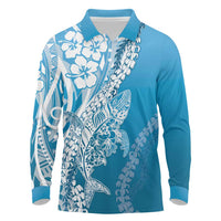 Hawaii Puakenikeni And Maile Lei Long Sleeve Polo Shirt Blue Polynesian Shark Tattoo DT05 Blue - Polynesian Pride