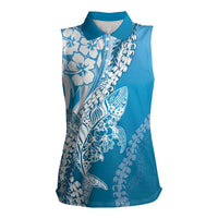 Hawaii Puakenikeni And Maile Lei Women Sleeveless Polo Shirt Blue Polynesian Shark Tattoo DT05 Female Blue - Polynesian Pride
