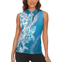 Hawaii Puakenikeni And Maile Lei Women Sleeveless Polo Shirt Blue Polynesian Shark Tattoo DT05 - Polynesian Pride