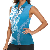 Hawaii Puakenikeni And Maile Lei Women Sleeveless Polo Shirt Blue Polynesian Shark Tattoo DT05 - Polynesian Pride