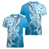 Hawaii Puakenikeni And Maile Lei Women V-Neck T-Shirt Blue Polynesian Shark Tattoo DT05 - Polynesian Pride