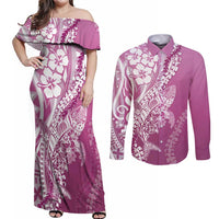 Hawaii Puakenikeni And Maile Lei Couples Matching Off Shoulder Maxi Dress and Long Sleeve Button Shirt Pink Polynesian Shark Tattoo DT05