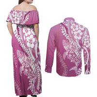 Hawaii Puakenikeni And Maile Lei Couples Matching Off Shoulder Maxi Dress and Long Sleeve Button Shirt Pink Polynesian Shark Tattoo DT05
