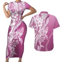 Hawaii Puakenikeni And Maile Lei Couples Matching Short Sleeve Bodycon Dress and Hawaiian Shirt Pink Polynesian Shark Tattoo DT05