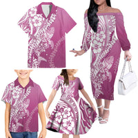 Hawaii Puakenikeni And Maile Lei Family Matching Off The Shoulder Long Sleeve Dress and Hawaiian Shirt Pink Polynesian Shark Tattoo DT05