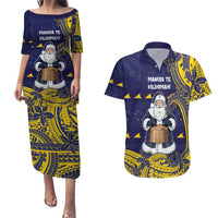 Tokelau Christmas Couples Matching Puletasi and Hawaiian Shirt Santa With Tuluma Xmas Tribal Waves DT05 Navy - Polynesian Pride