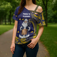 Tokelau Christmas Cross Shoulder Shirt Santa With Tuluma Xmas Tribal Waves DT05 - Polynesian Pride