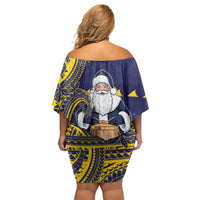 Tokelau Christmas Off Shoulder Short Dress Santa With Tuluma Xmas Tribal Waves DT05 - Polynesian Pride
