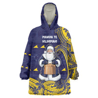 Tokelau Christmas Wearable Blanket Hoodie Santa With Tuluma Xmas Tribal Waves DT05 One Size Navy - Polynesian Pride