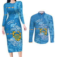 Tuvalu Christmas Couples Matching Long Sleeve Bodycon Dress and Long Sleeve Button Shirt Dolphins Santa Xmas Tribal Waves DT05 Blue - Polynesian Pride