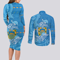 Tuvalu Christmas Couples Matching Long Sleeve Bodycon Dress and Long Sleeve Button Shirt Dolphins Santa Xmas Tribal Waves DT05 - Polynesian Pride