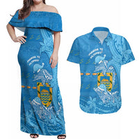 Tuvalu Christmas Couples Matching Off Shoulder Maxi Dress and Hawaiian Shirt Dolphins Santa Xmas Tribal Waves DT05 Blue - Polynesian Pride
