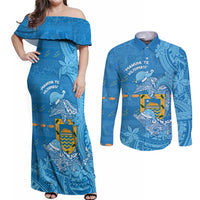 Tuvalu Christmas Couples Matching Off Shoulder Maxi Dress and Long Sleeve Button Shirt Dolphins Santa Xmas Tribal Waves DT05 Blue - Polynesian Pride