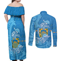 Tuvalu Christmas Couples Matching Off Shoulder Maxi Dress and Long Sleeve Button Shirt Dolphins Santa Xmas Tribal Waves DT05 - Polynesian Pride