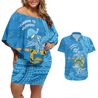 Tuvalu Christmas Couples Matching Off Shoulder Short Dress and Hawaiian Shirt Dolphins Santa Xmas Tribal Waves DT05 Blue - Polynesian Pride
