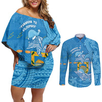 Tuvalu Christmas Couples Matching Off Shoulder Short Dress and Long Sleeve Button Shirt Dolphins Santa Xmas Tribal Waves DT05 Blue - Polynesian Pride