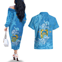 Tuvalu Christmas Couples Matching Off The Shoulder Long Sleeve Dress and Hawaiian Shirt Dolphins Santa Xmas Tribal Waves DT05 - Polynesian Pride