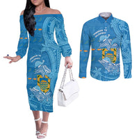 Tuvalu Christmas Couples Matching Off The Shoulder Long Sleeve Dress and Long Sleeve Button Shirt Dolphins Santa Xmas Tribal Waves DT05 Blue - Polynesian Pride