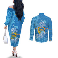Tuvalu Christmas Couples Matching Off The Shoulder Long Sleeve Dress and Long Sleeve Button Shirt Dolphins Santa Xmas Tribal Waves DT05 - Polynesian Pride