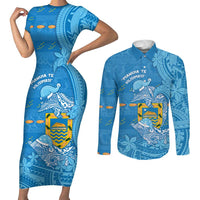 Tuvalu Christmas Couples Matching Short Sleeve Bodycon Dress and Long Sleeve Button Shirt Dolphins Santa Xmas Tribal Waves DT05 Blue - Polynesian Pride