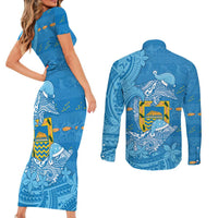 Tuvalu Christmas Couples Matching Short Sleeve Bodycon Dress and Long Sleeve Button Shirt Dolphins Santa Xmas Tribal Waves DT05 - Polynesian Pride