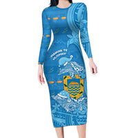 Tuvalu Christmas Family Matching Long Sleeve Bodycon Dress and Hawaiian Shirt Dolphins Santa Xmas Tribal Waves DT05 Mom's Dress Blue - Polynesian Pride