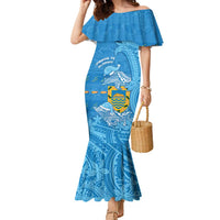Tuvalu Christmas Family Matching Mermaid Dress and Hawaiian Shirt Dolphins Santa Xmas Tribal Waves DT05 Mom's Dress Blue - Polynesian Pride